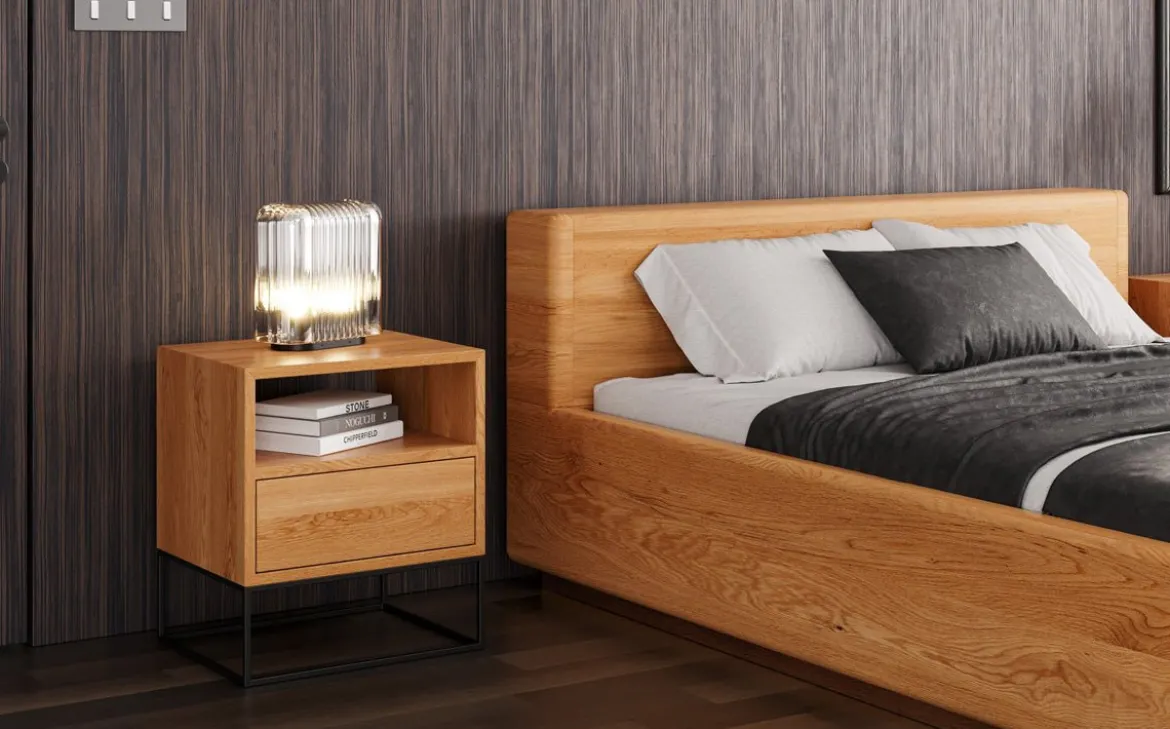 Designer Holzbett Calveno aus massiver Eiche mit Stauraum und geraden Headboard