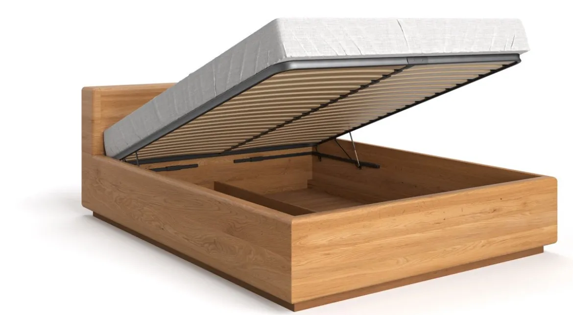 Designer Holzbett Calveno aus massiver Eiche mit Stauraum und geraden Headboard