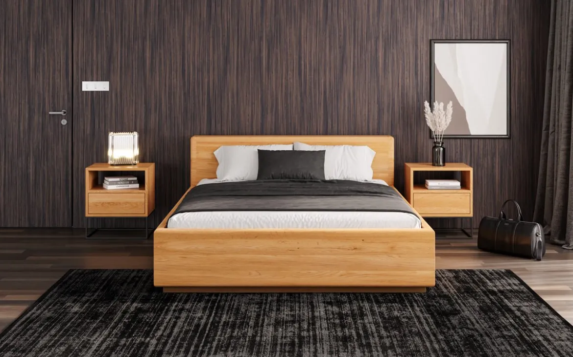 Designer Holzbett Calveno aus massiver Eiche mit Stauraum und geraden Headboard