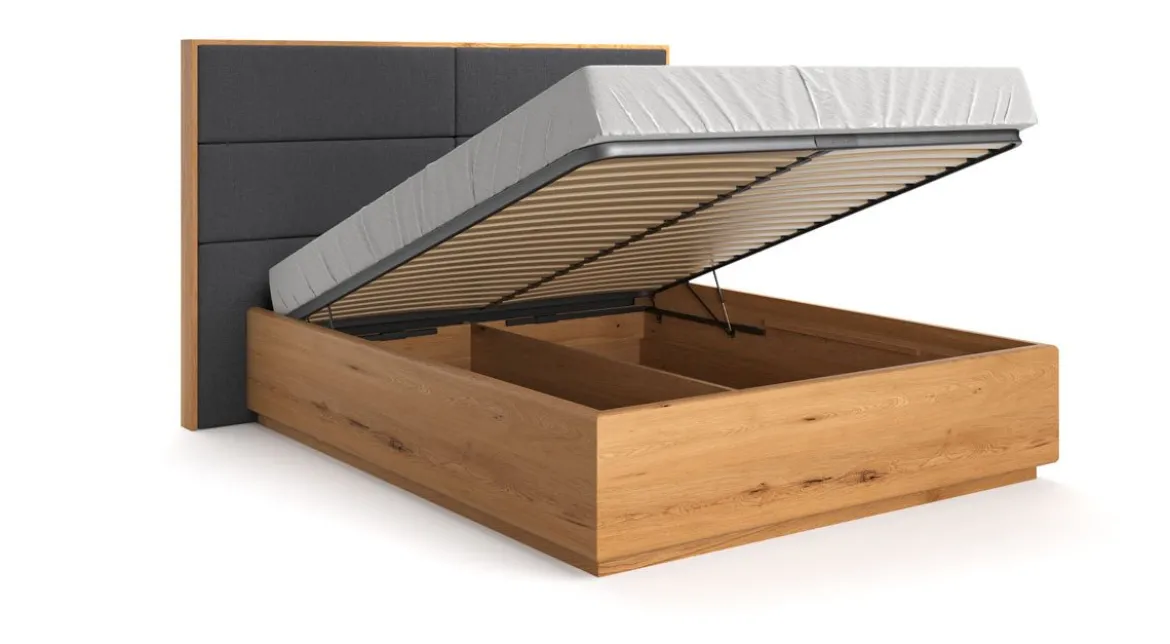 Designer Holzbett Valent aus massiver Eiche mit Stauraum