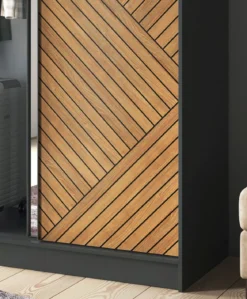 Designer Kleiderschrank Murphy – Schwarz / Eiche Fischgrät mit Spiegeltür