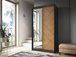 Designer Kleiderschrank Murphy – Schwarz / Eiche Fischgrät mit Spiegeltür