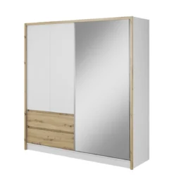 Designer Kleiderschrank Silas – Weiß / Eiche mit Spiegeltür