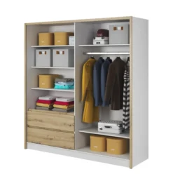 Designer Kleiderschrank Silas – Weiß / Eiche mit Spiegeltür
