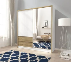 Designer Kleiderschrank Silas – Weiß / Eiche mit Spiegeltür