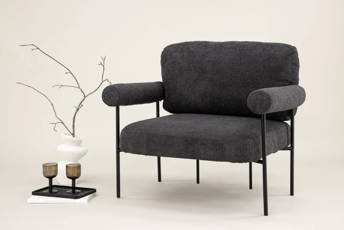 Designer Loungesessel Arvika – Anthrazit, Bouclé mit Stahlgestell