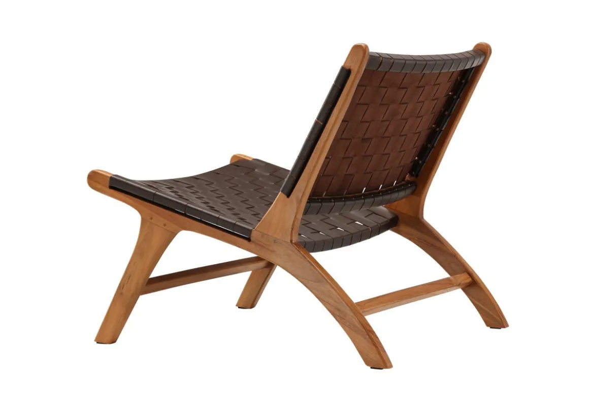 Designer Lounge Sessel Tevari – Geflecht aus Teak & Lederoptik Braun