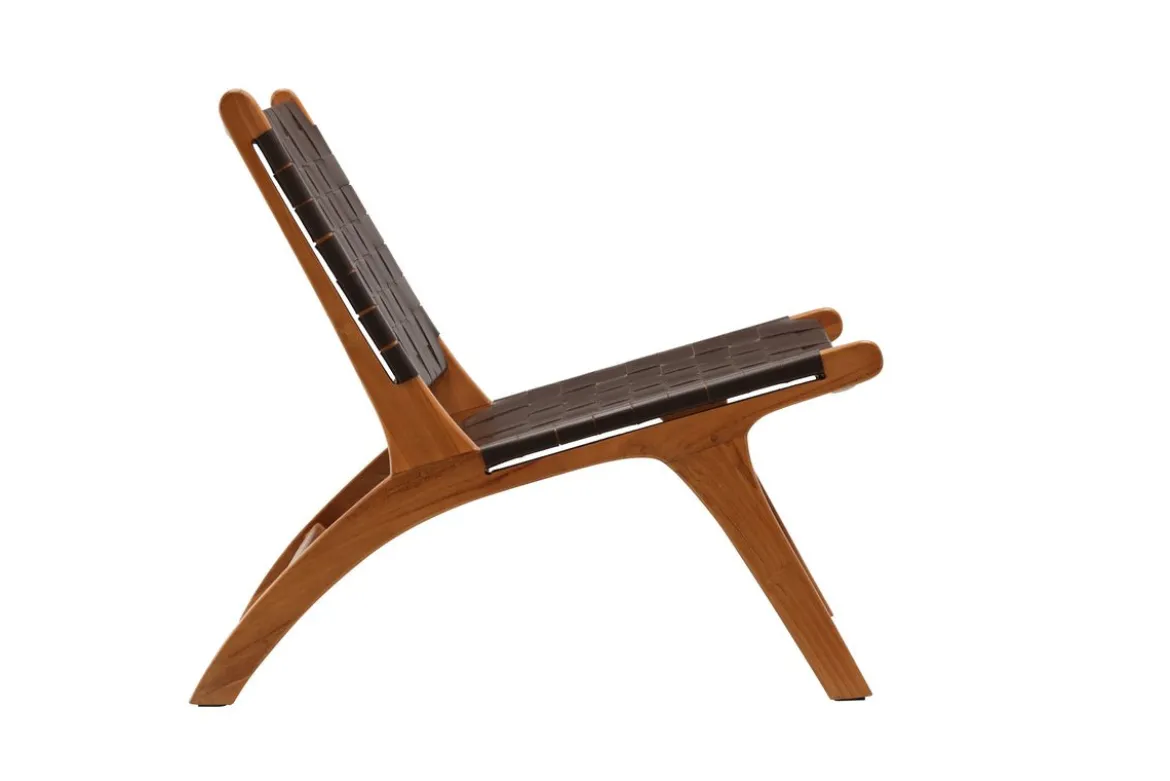 Designer Lounge Sessel Tevari – Geflecht aus Teak & Lederoptik Braun