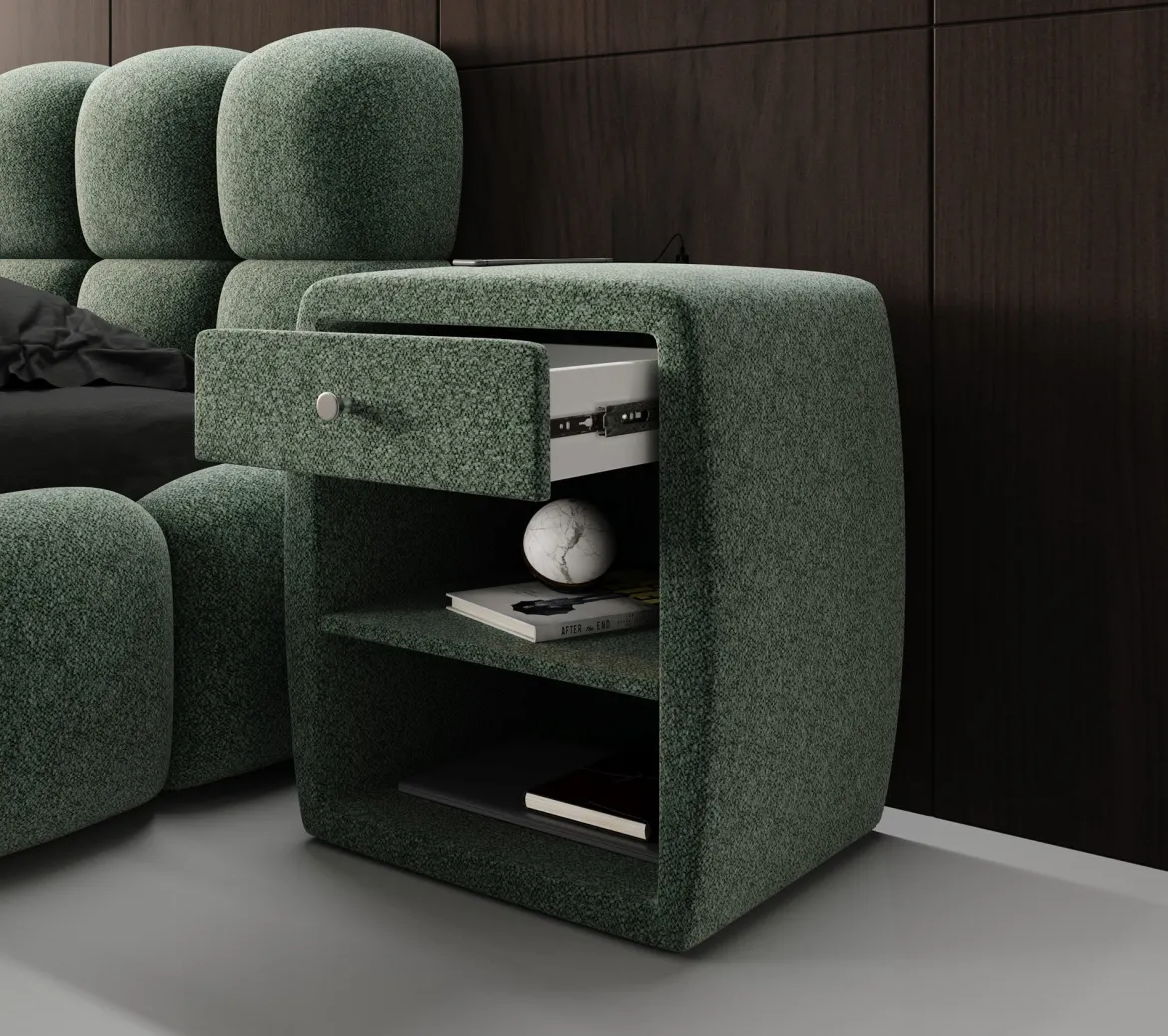 Designer Nachttisch Lilly mit USB Anschluss in Strukturstoff