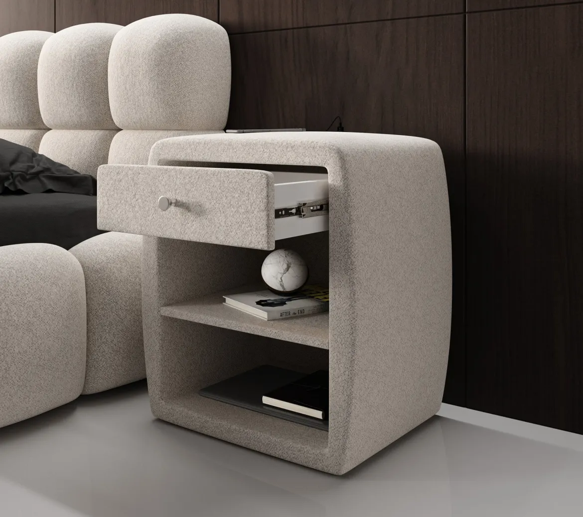 Designer Nachttisch Lilly mit USB Anschluss in Strukturstoff