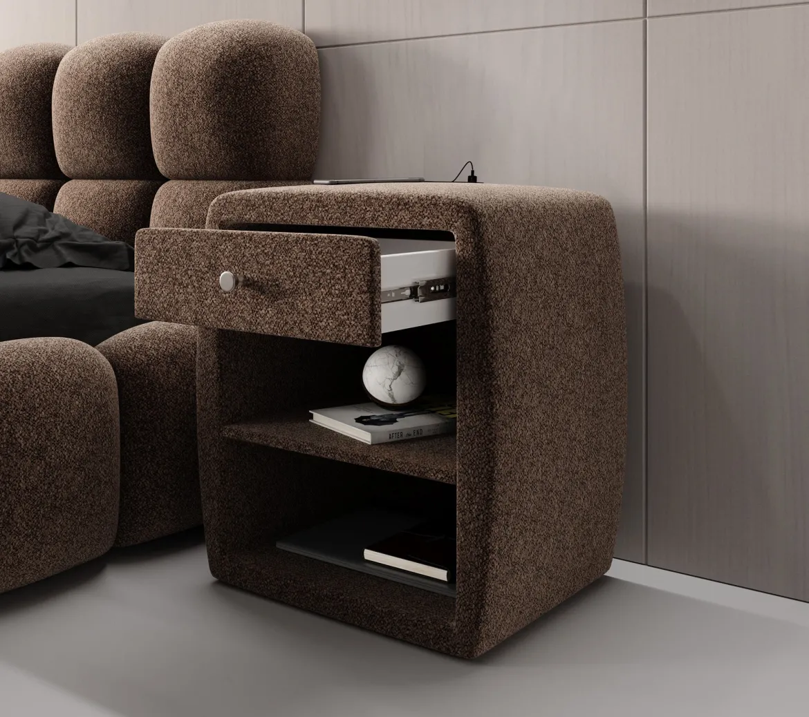 Designer Nachttisch Lilly mit USB Anschluss in Strukturstoff
