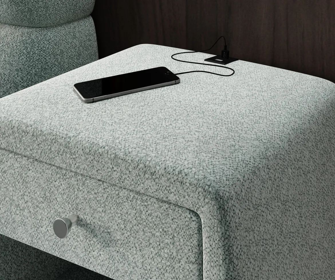 Designer Nachttisch Lilly mit USB Anschluss in Strukturstoff