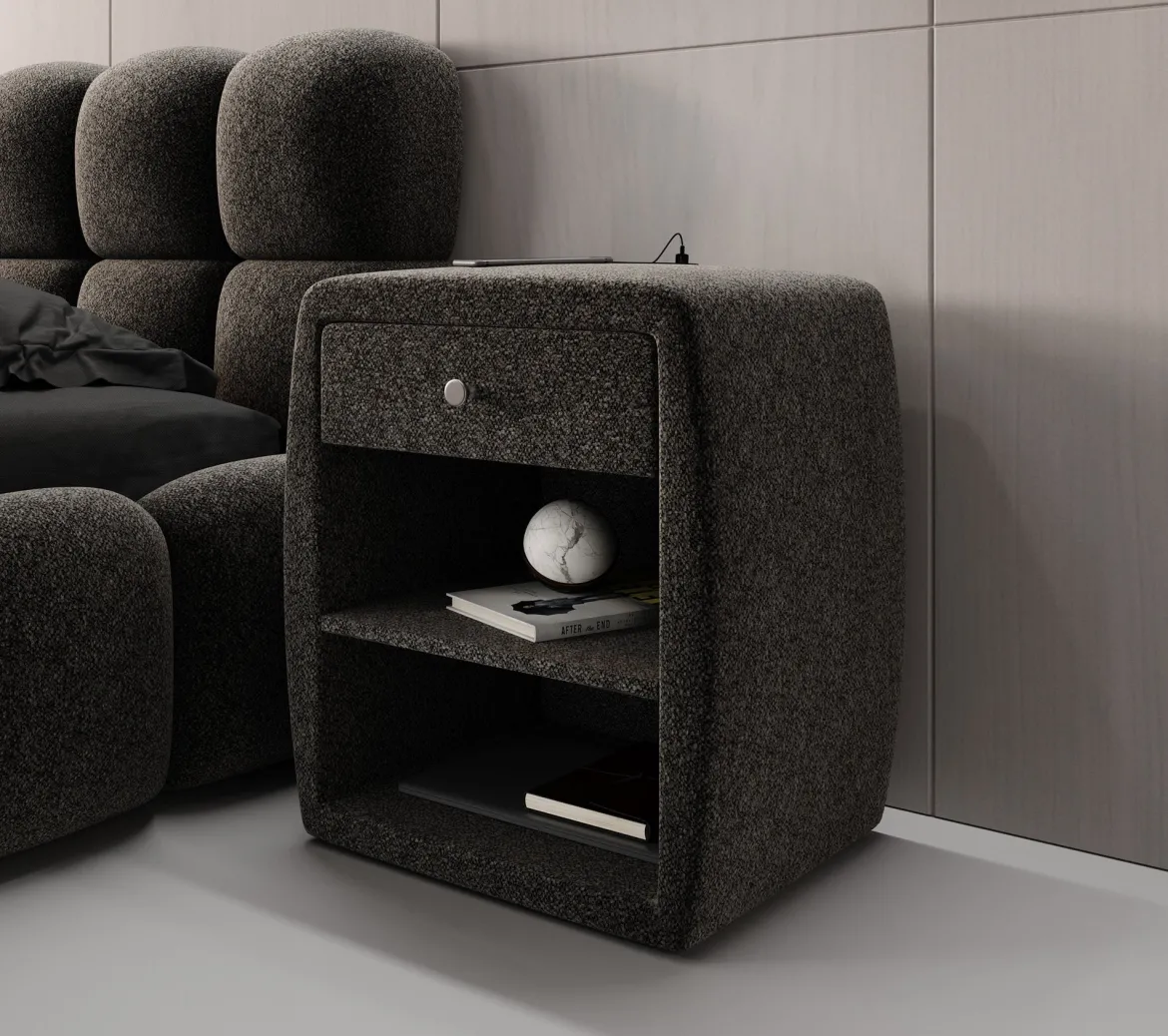 Designer Nachttisch Lilly mit USB Anschluss in Strukturstoff