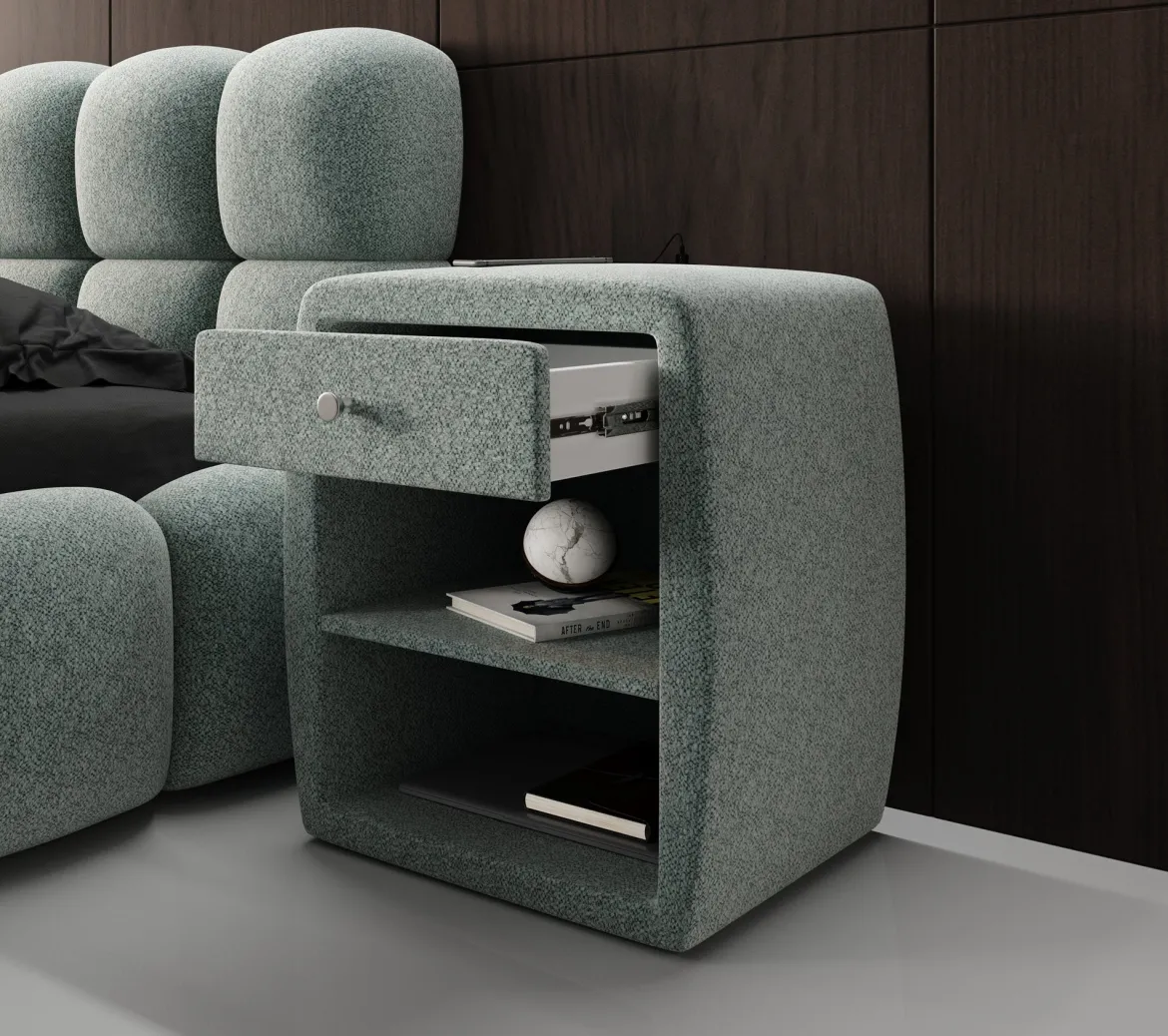 Designer Nachttisch Lilly mit USB Anschluss in Strukturstoff