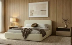 Designer Polsterbett Arosa in Bouclé mit Stauraum