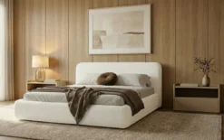 Designer Polsterbett Arosa in Bouclé mit Stauraum