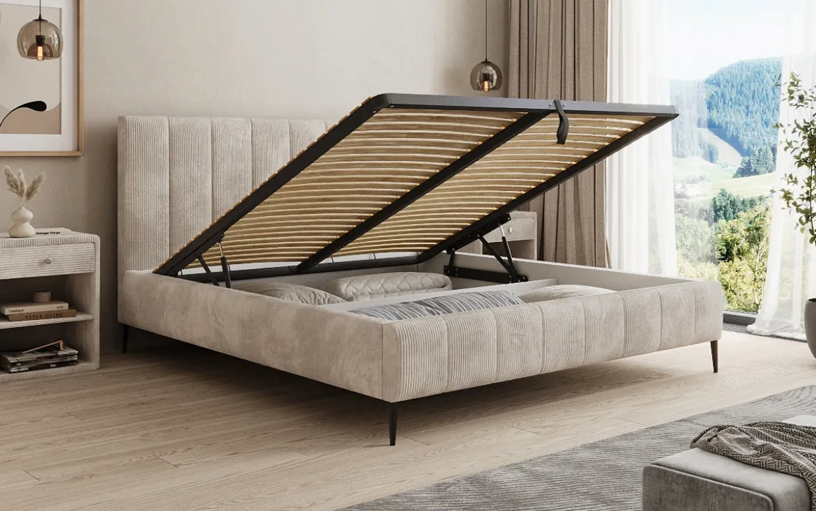 Designer Polsterbett Astrid in Cord mit Stauraum