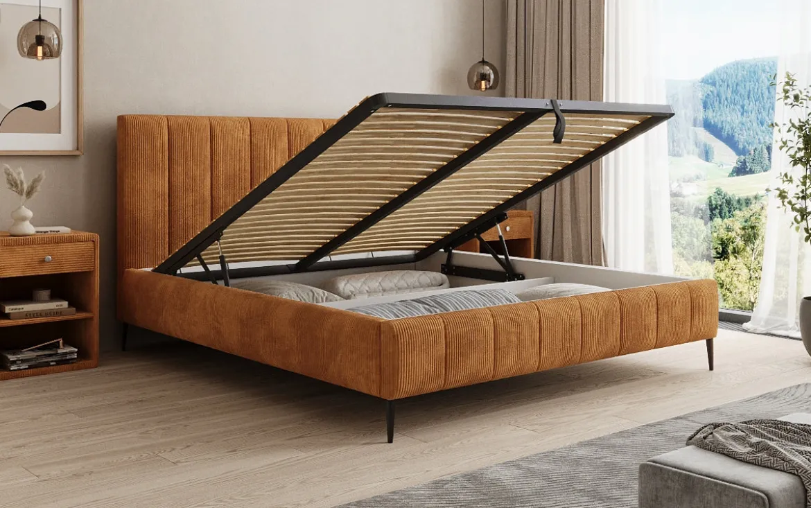 Designer Polsterbett Astrid in Cord mit Stauraum