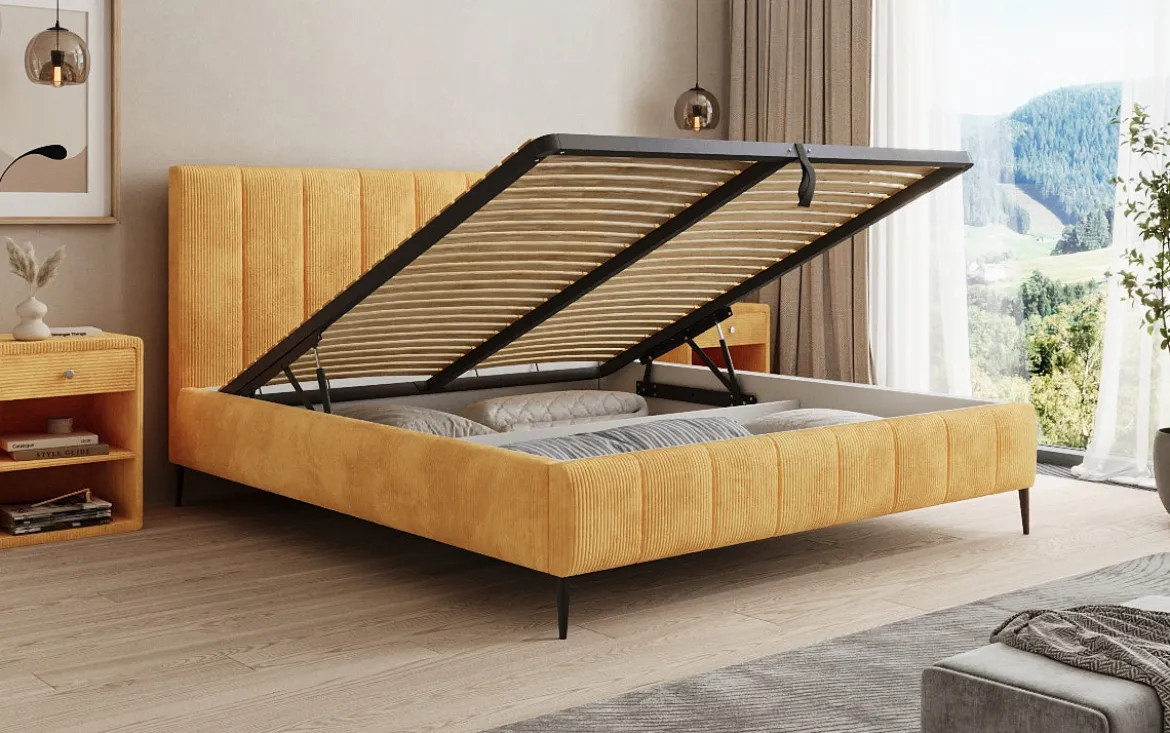 Designer Polsterbett Astrid in Cord mit Stauraum