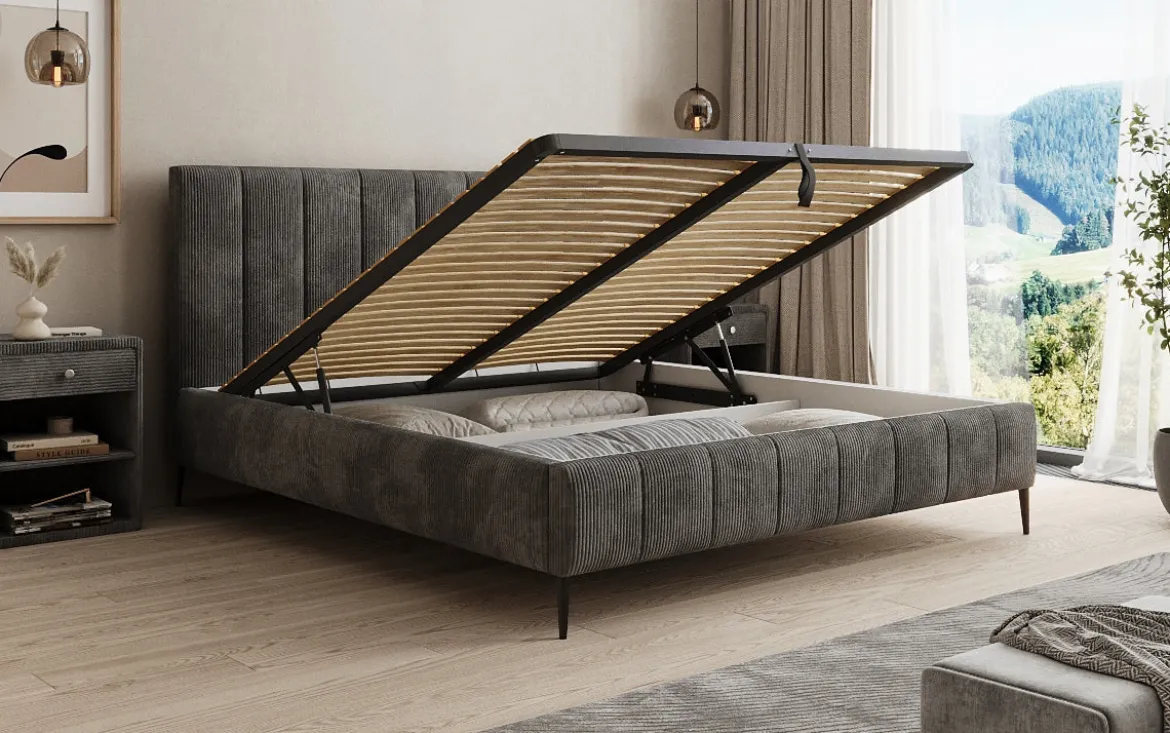 Designer Polsterbett Astrid in Cord mit Stauraum