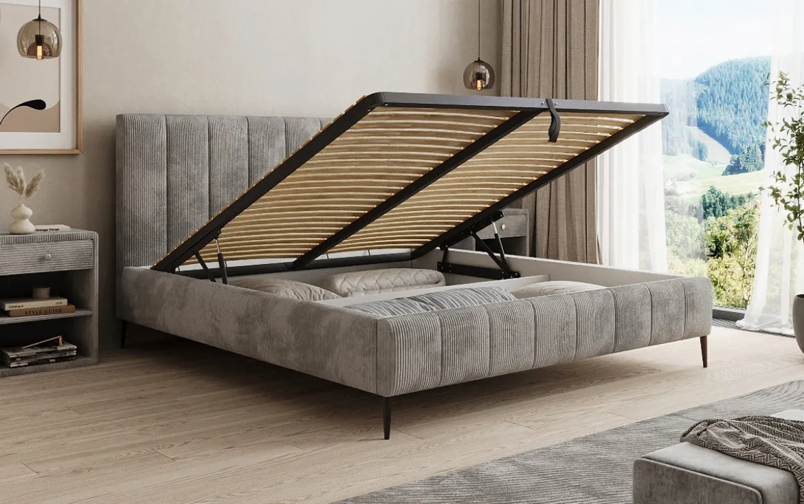 Designer Polsterbett Astrid in Cord mit Stauraum
