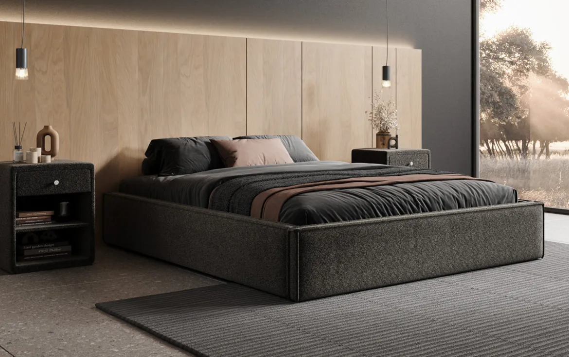 Designer Polsterbett Base mit Stauraum ohne Headboard in Strukturstoff