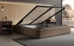 Designer Polsterbett Base mit Stauraum ohne Headboard in Strukturstoff