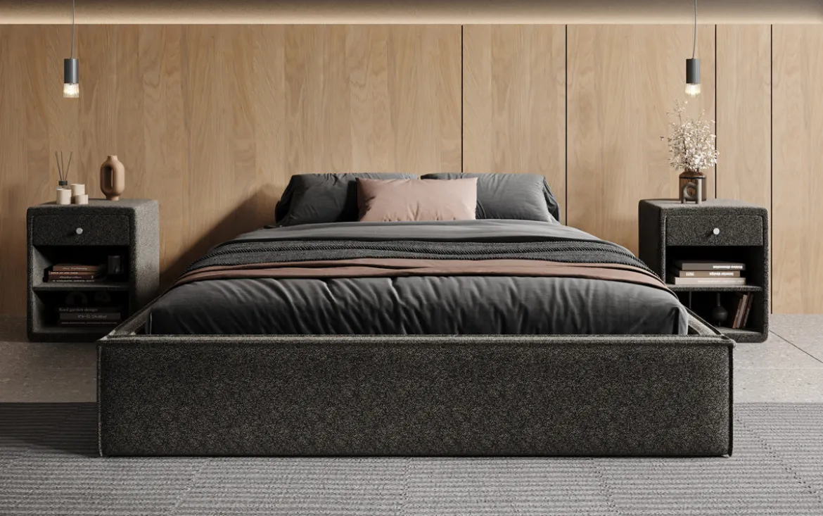 Designer Polsterbett Base mit Stauraum ohne Headboard in Strukturstoff