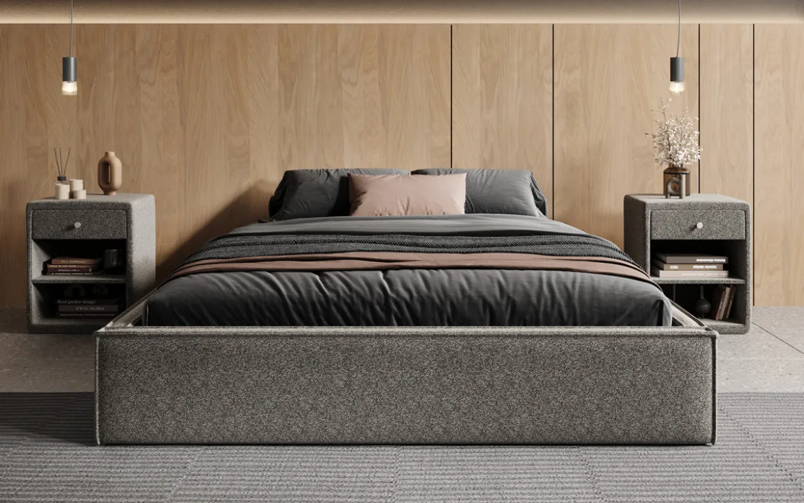 Designer Polsterbett Base mit Stauraum ohne Headboard in Strukturstoff