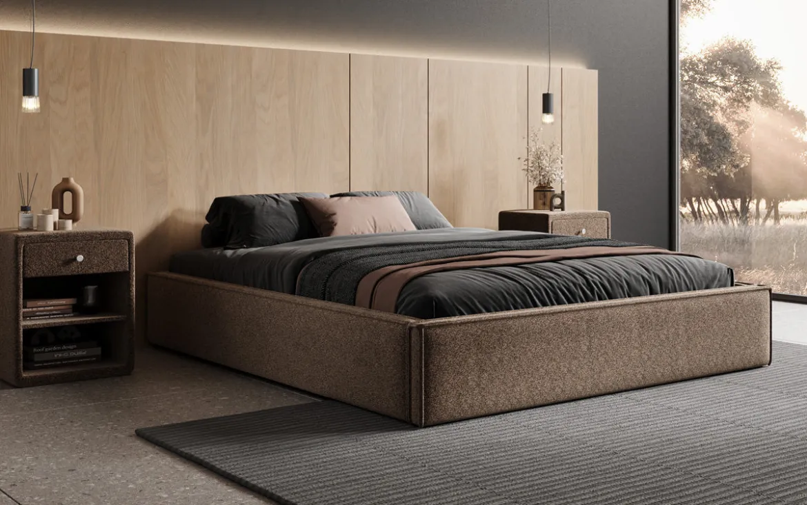 Designer Polsterbett Base mit Stauraum ohne Headboard in Strukturstoff