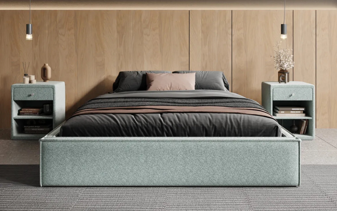 Designer Polsterbett Base mit Stauraum ohne Headboard in Strukturstoff