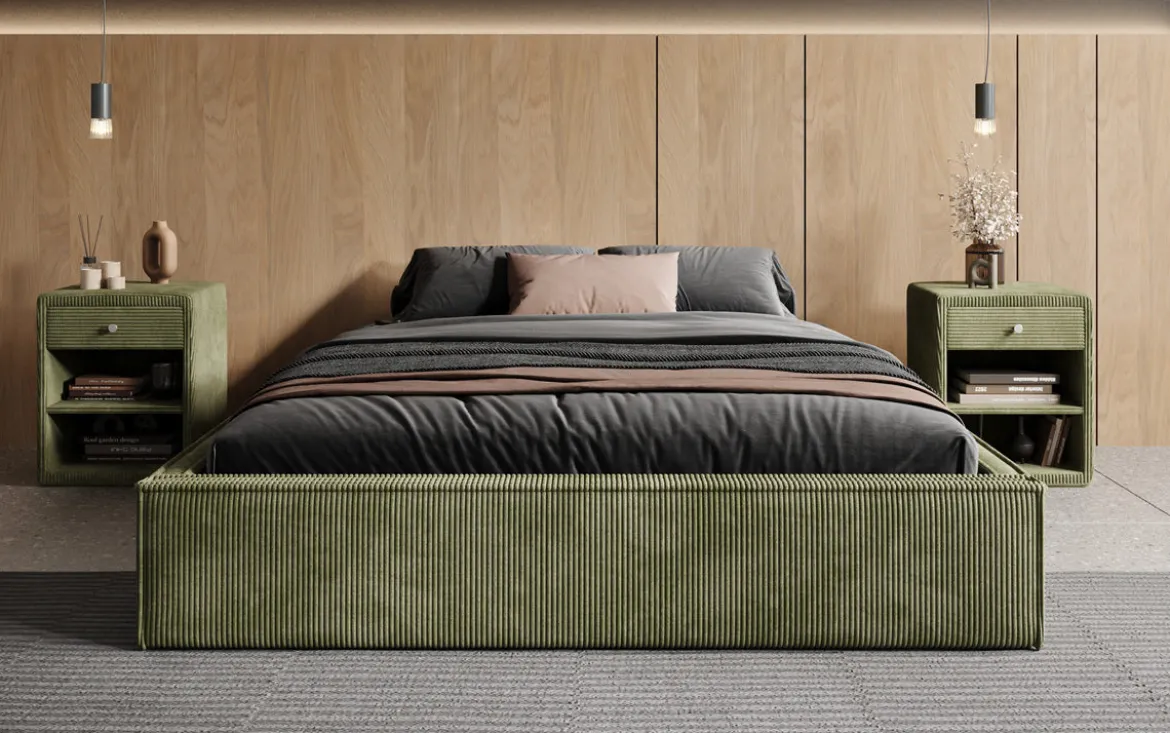 Designer Polsterbett Base mit Stauraum ohne Headboard in Cord