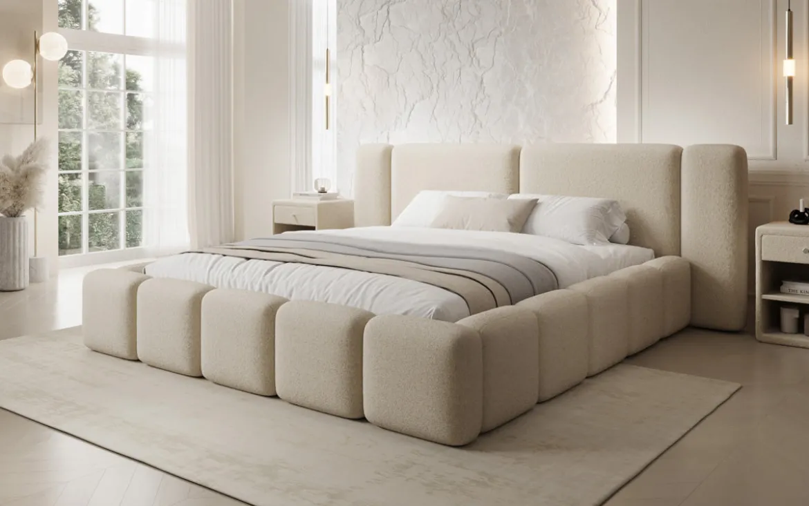 Designer Polsterbett Bianca in Teddy Bouclé mit Stauraum