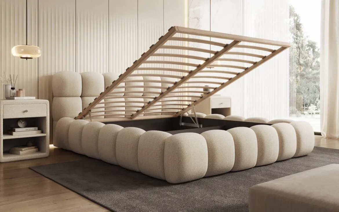 Designer Polsterbett Boston Bouclé mit Stauraum