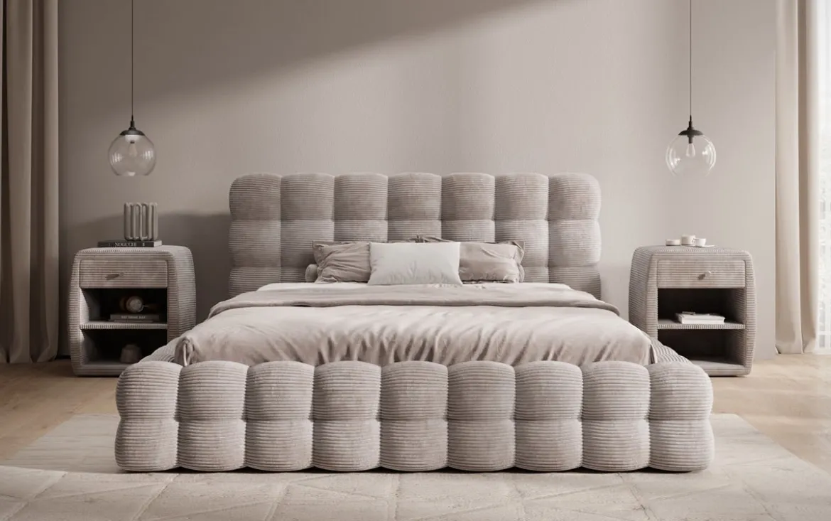 Designer Polsterbett Calimo in Cord mit Stauraum