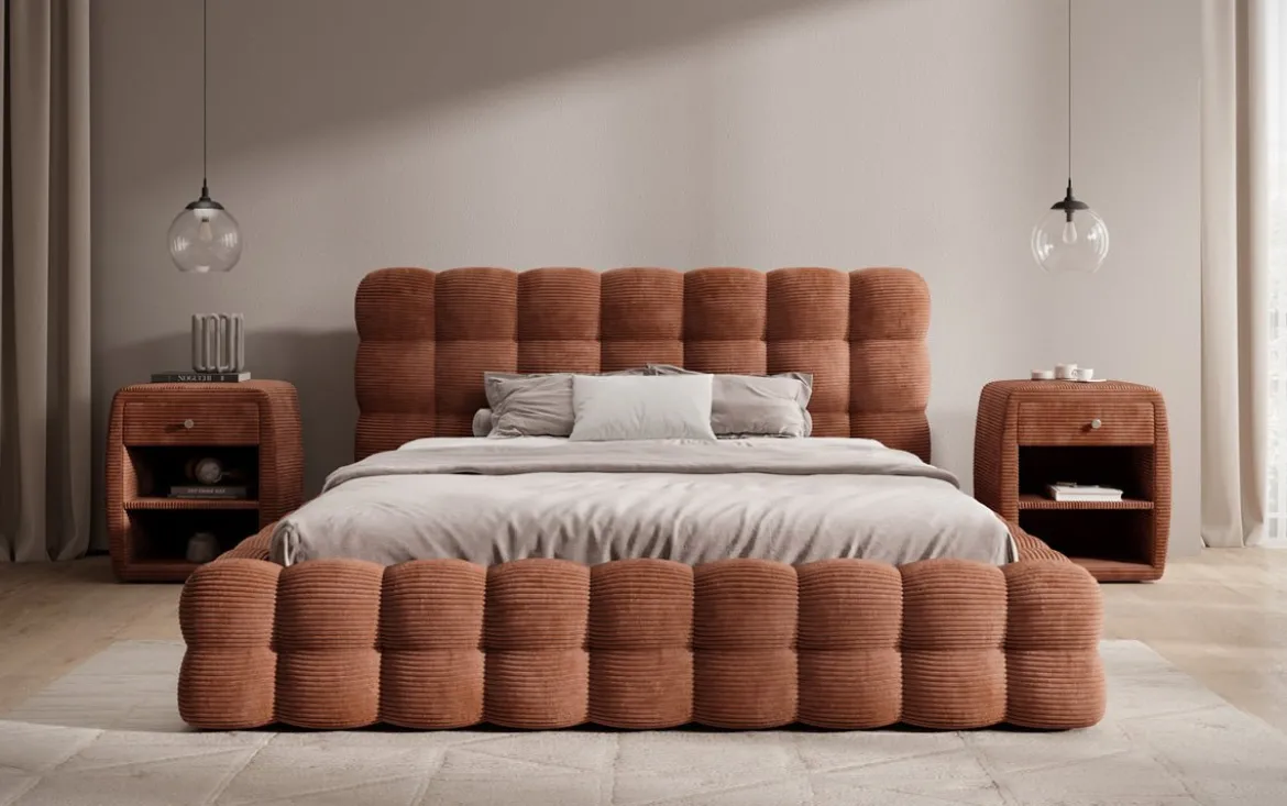 Designer Polsterbett Calimo in Cord mit Stauraum