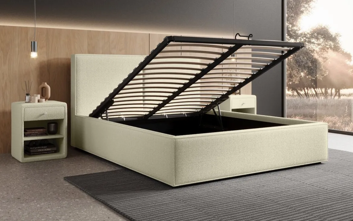 Designer Polsterbett Elara in Bouclé mit Stauraum