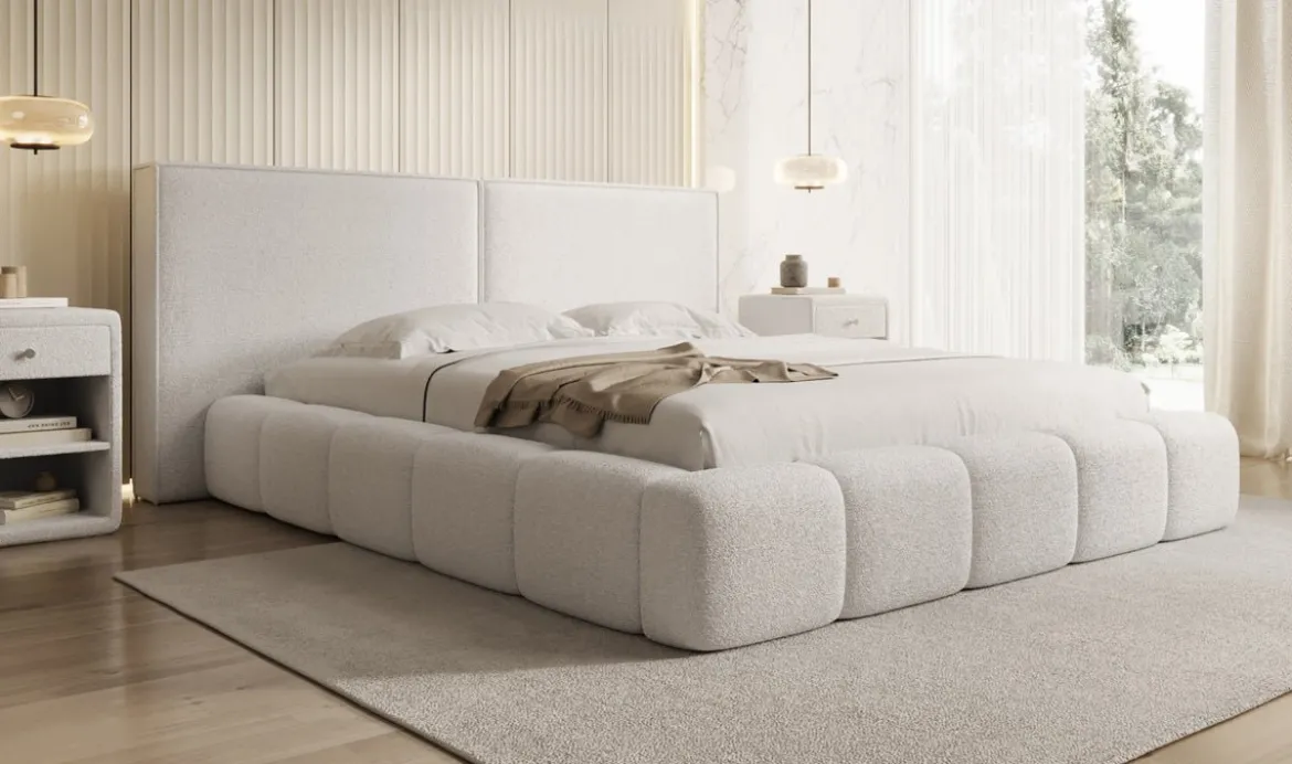 Designer Polsterbett Elise in Teddy Bouclé mit Stauraum