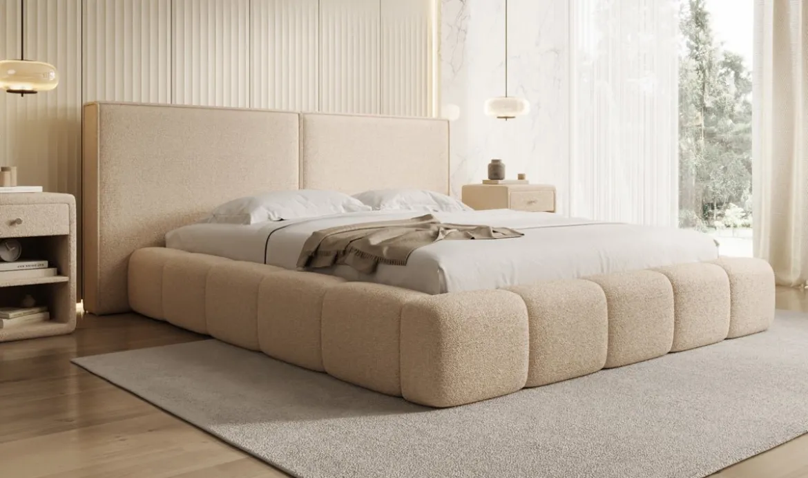 Designer Polsterbett Elise in Teddy Bouclé mit Stauraum