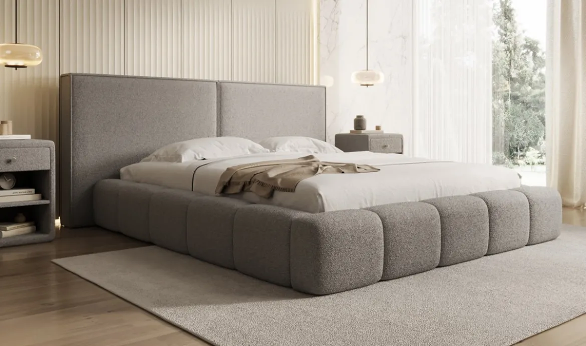 Designer Polsterbett Elise in Teddy Bouclé mit Stauraum