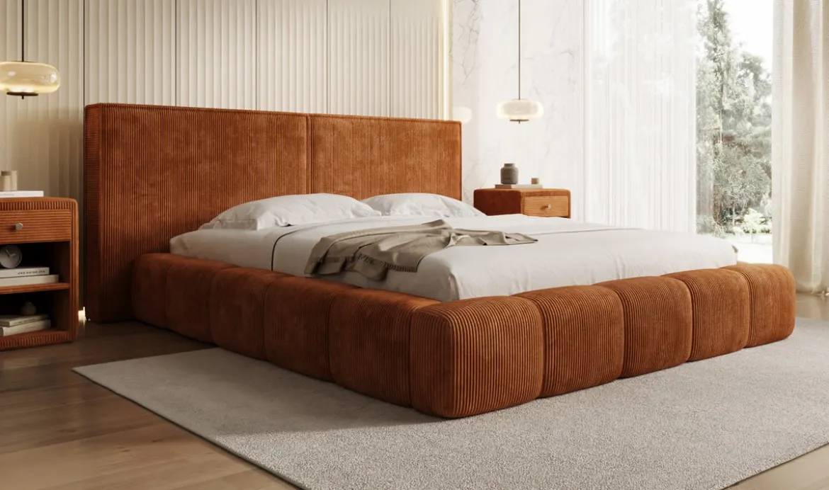 Designer Polsterbett Elise in Cord mit Stauraum