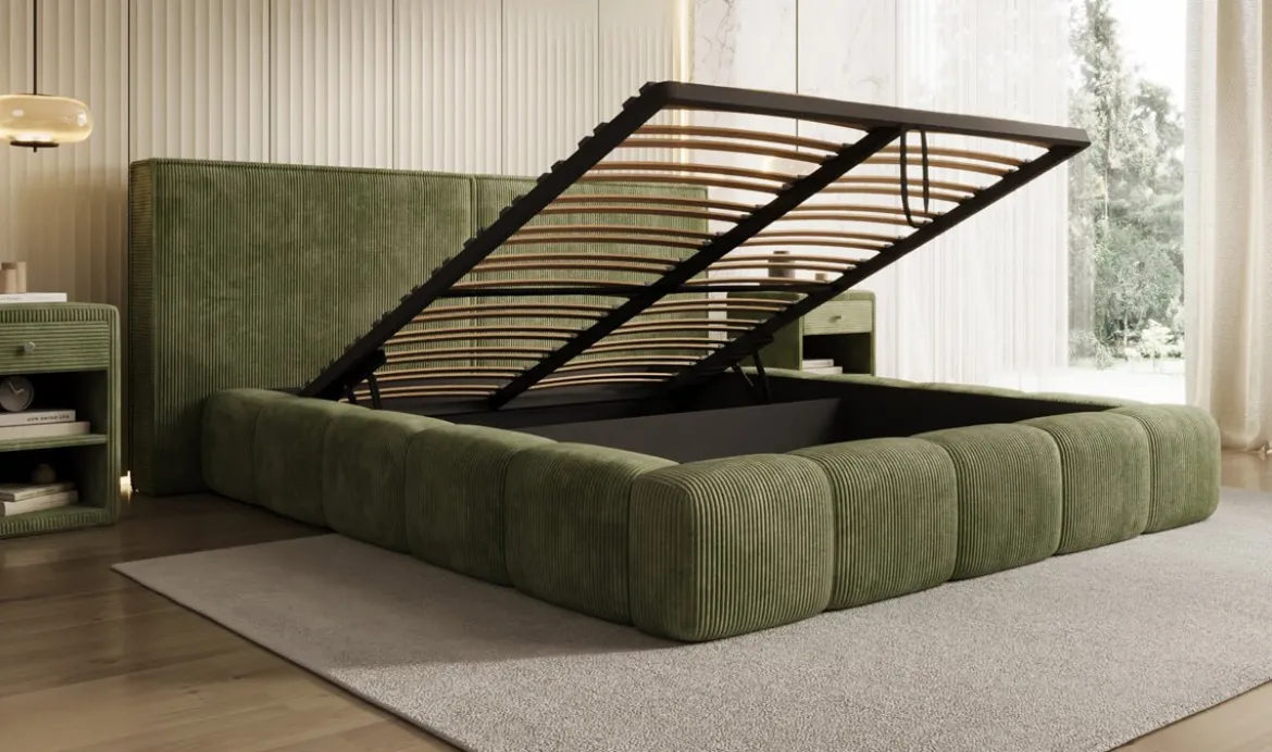 Designer Polsterbett Elise in Cord mit Stauraum