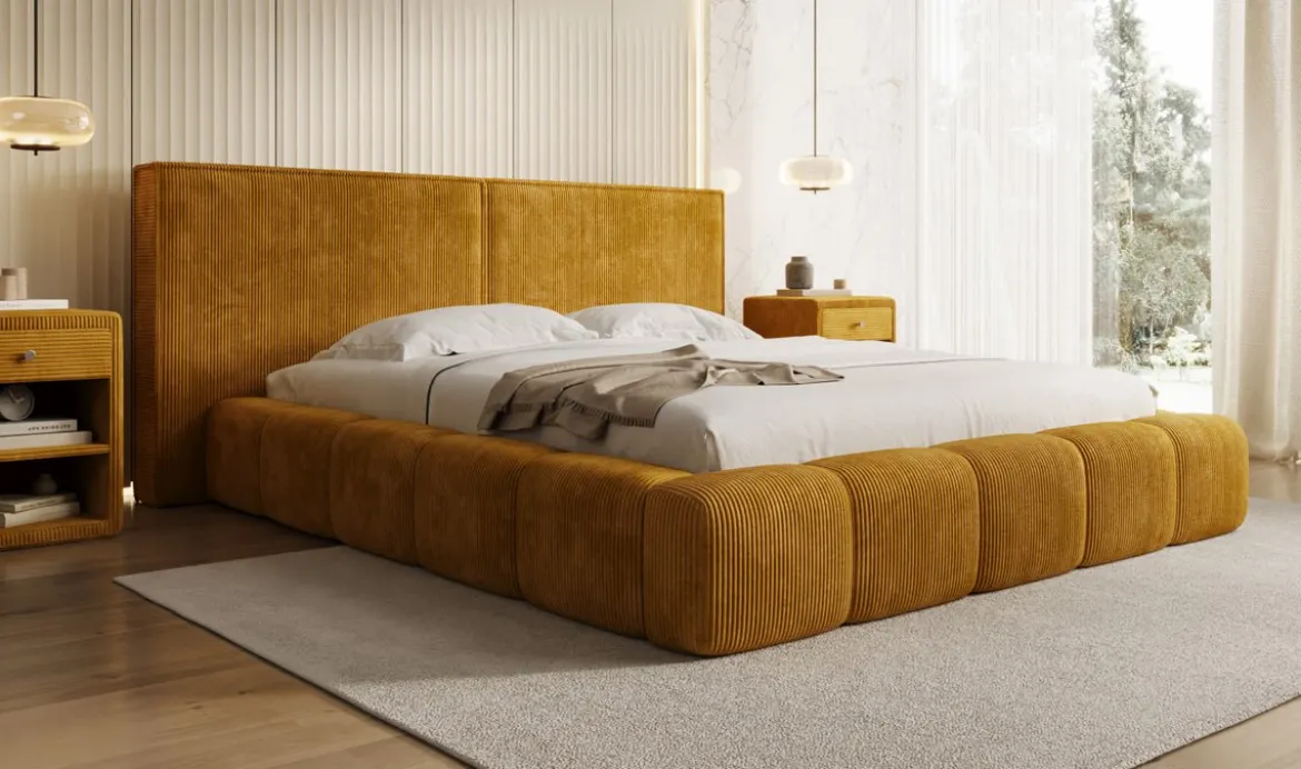 Designer Polsterbett Elise in Cord mit Stauraum