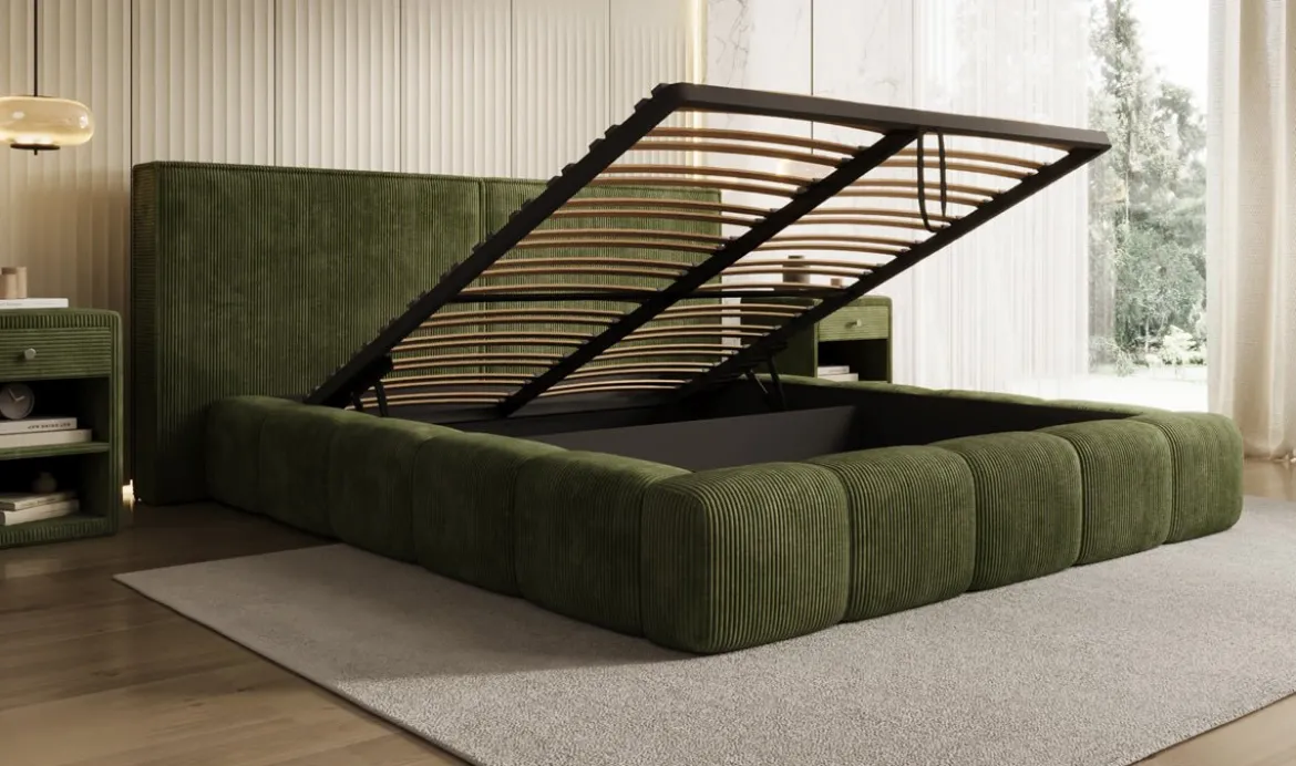 Designer Polsterbett Elise in Cord mit Stauraum
