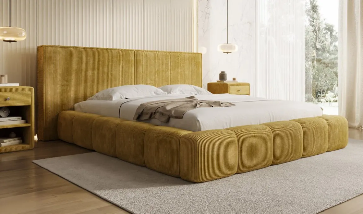 Designer Polsterbett Elise in Cord mit Stauraum