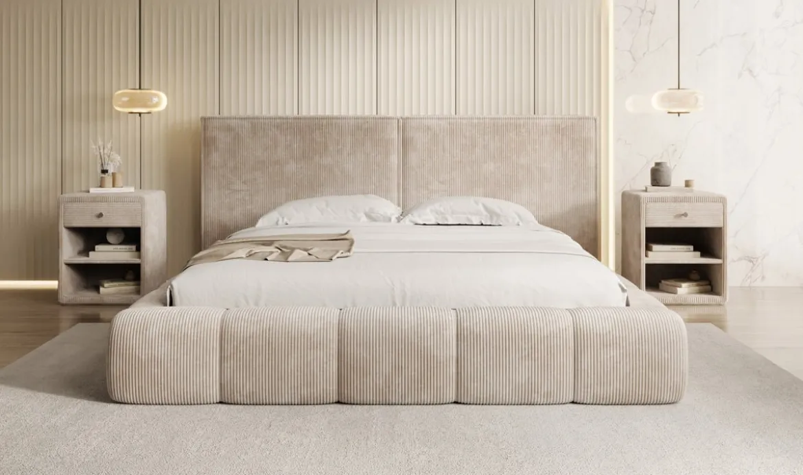 Designer Polsterbett Elise in Cord mit Stauraum