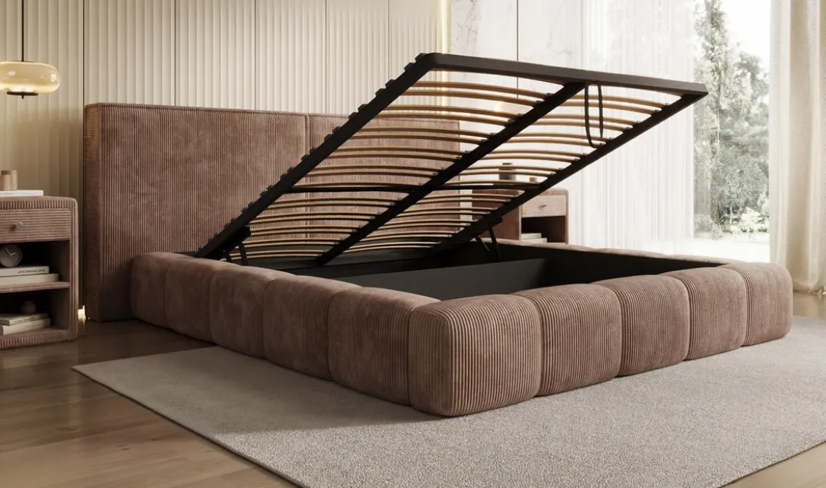 Designer Polsterbett Elise in Cord mit Stauraum
