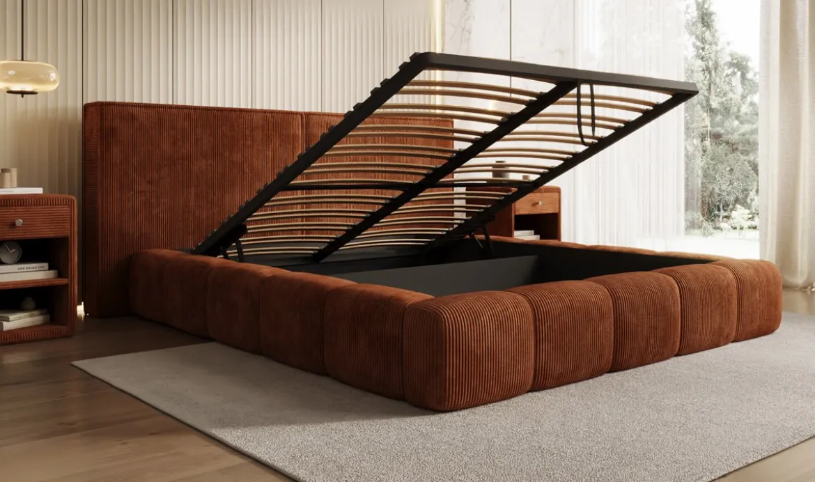 Designer Polsterbett Elise in Cord mit Stauraum