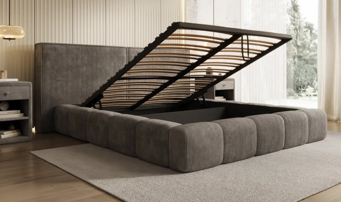 Designer Polsterbett Elise in Cord mit Stauraum