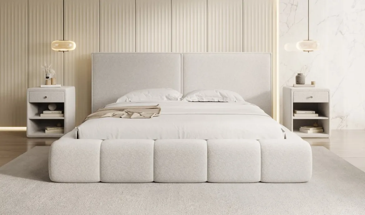 Designer Polsterbett Elise in Strukturstoff mit Stauraum